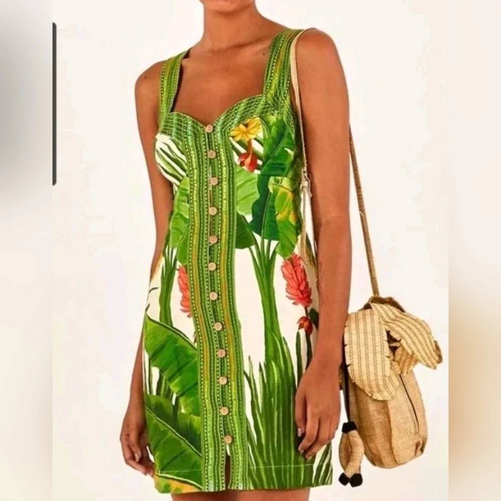 FARM RIO Fresh Forest Scarf Sweetheart-Neck Minidress Large NWT - Picture 9 of 9